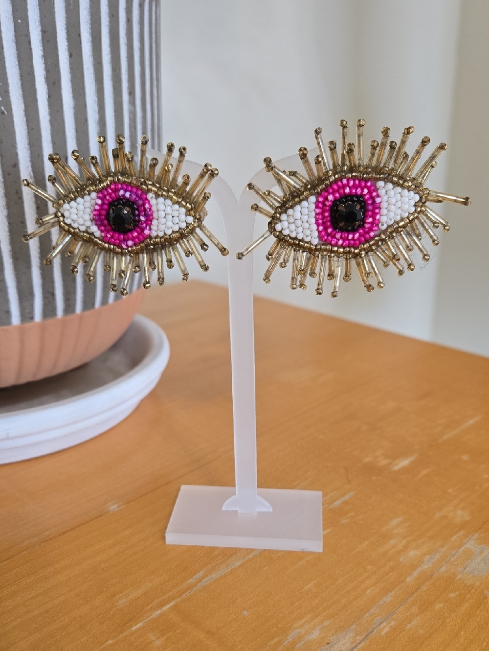 Beaded Eye Statement Earrings in Pink and Gold